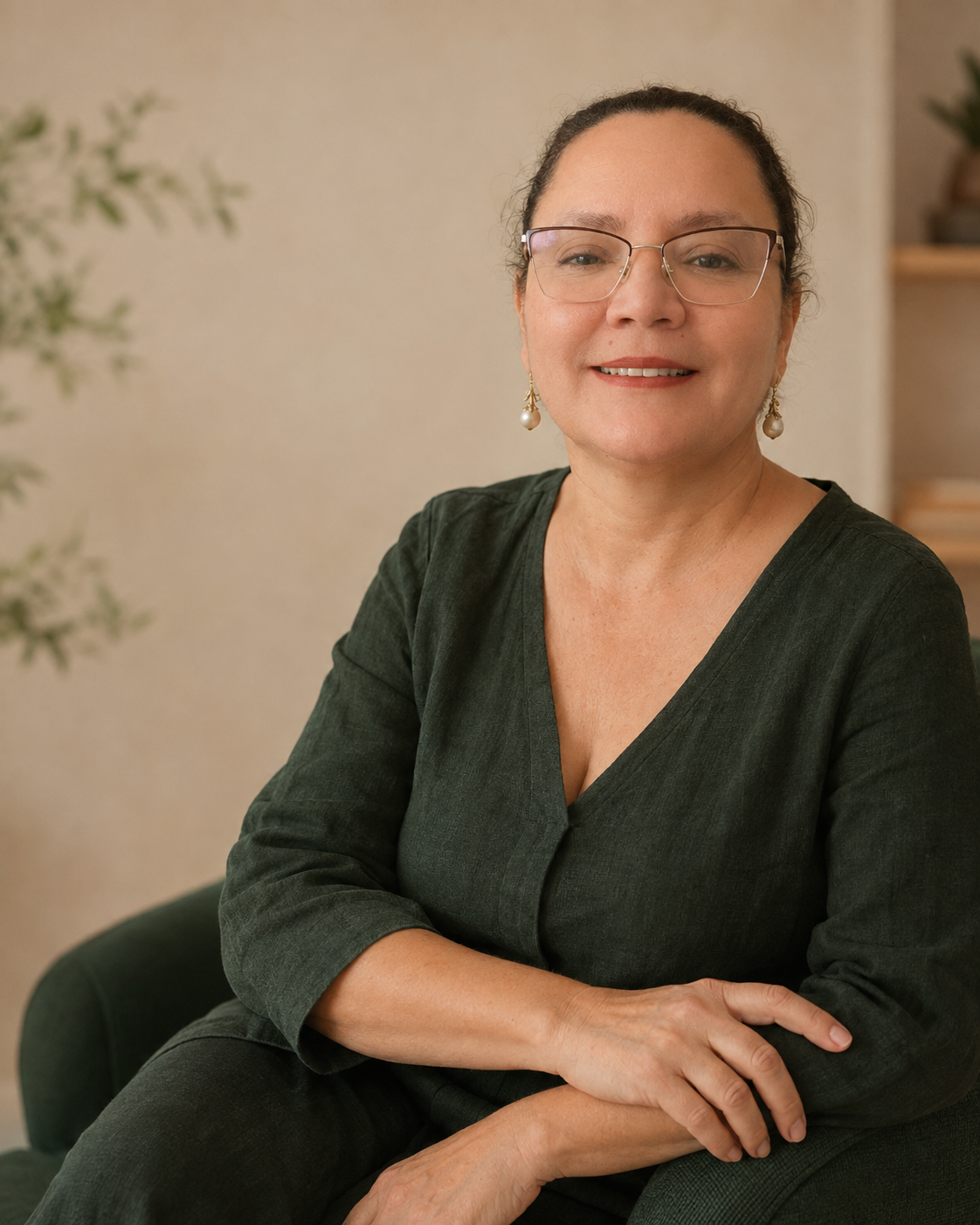 Neide Braz, terapeuta integrativa e criadora do VitalSoma®, em ambiente acolhedor